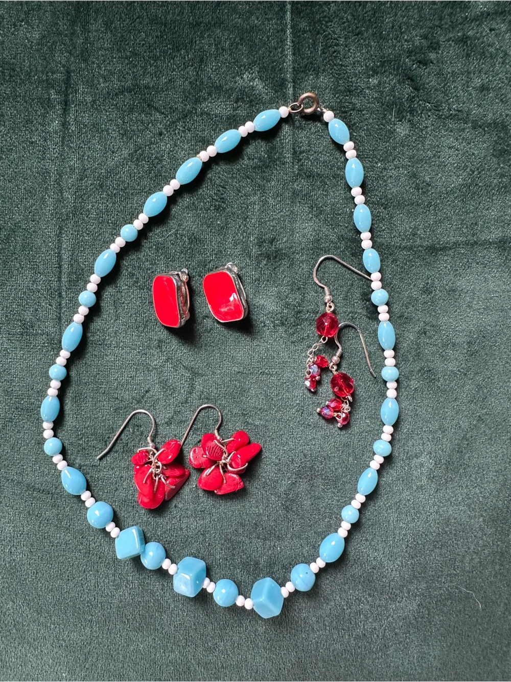 Vintage, Blue Beaded Necklace with Red Accent Earrings